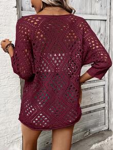 Breezaya Women's Loose Casual 3/4 Sleeve Hollow Out Knit Top - Burgundy - View 2