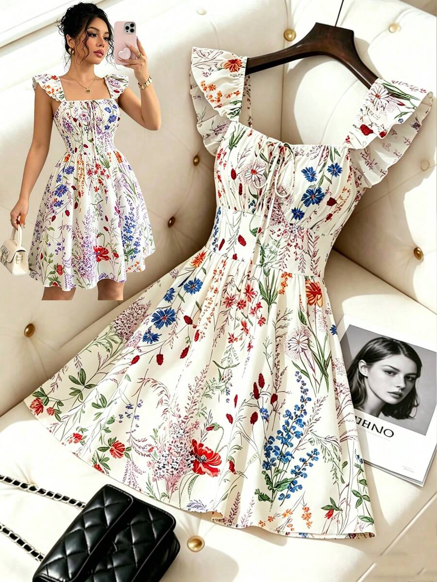 Selianne Đầm ngắn tay loe in hoa dệt kim, eo rút dây, kiểu dáng thanh lịch dành cho nữ trẻ, thích hợp mặc thường ngày hoặc đi nghỉ mát. - Nhiều màu - Xem 1