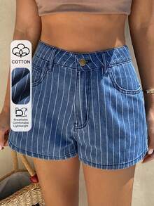 DAZY Cotton Striped Casual Vacation Women's Denim Shorts - Blue - View 1