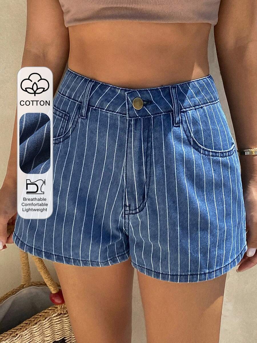 DAZY Cotton Striped Casual Vacation Women's Denim Shorts - Blue - View 1