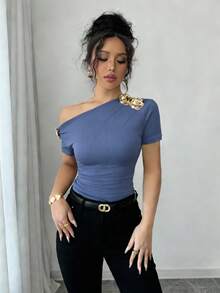 Rafferiza 女款優雅不對稱領口3D玫瑰金屬裝飾短袖T恤，高雅上衣，高雅上衣，休閒，優雅上衣 - 藏蓝色 - 查看 5