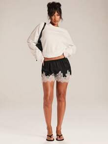 SHEIN BAE Quần short nữ cạp chun, phối ren tương phản - trắng - Xem 5