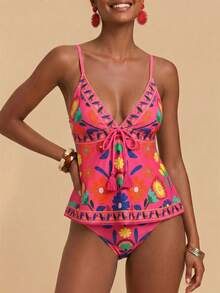 Travachic Conjunto de tankini con parte superior de tirantes con nudo delantero y estampado floral para mujer, ideal para la playa en verano - Rosa Fucsia - Ver 4