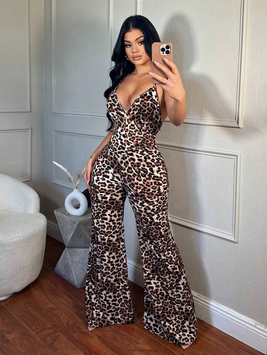 SHEIN SXY Women's Summer Leopard Print Flared Sexy Cami Jumpsuit - Brown - View 1