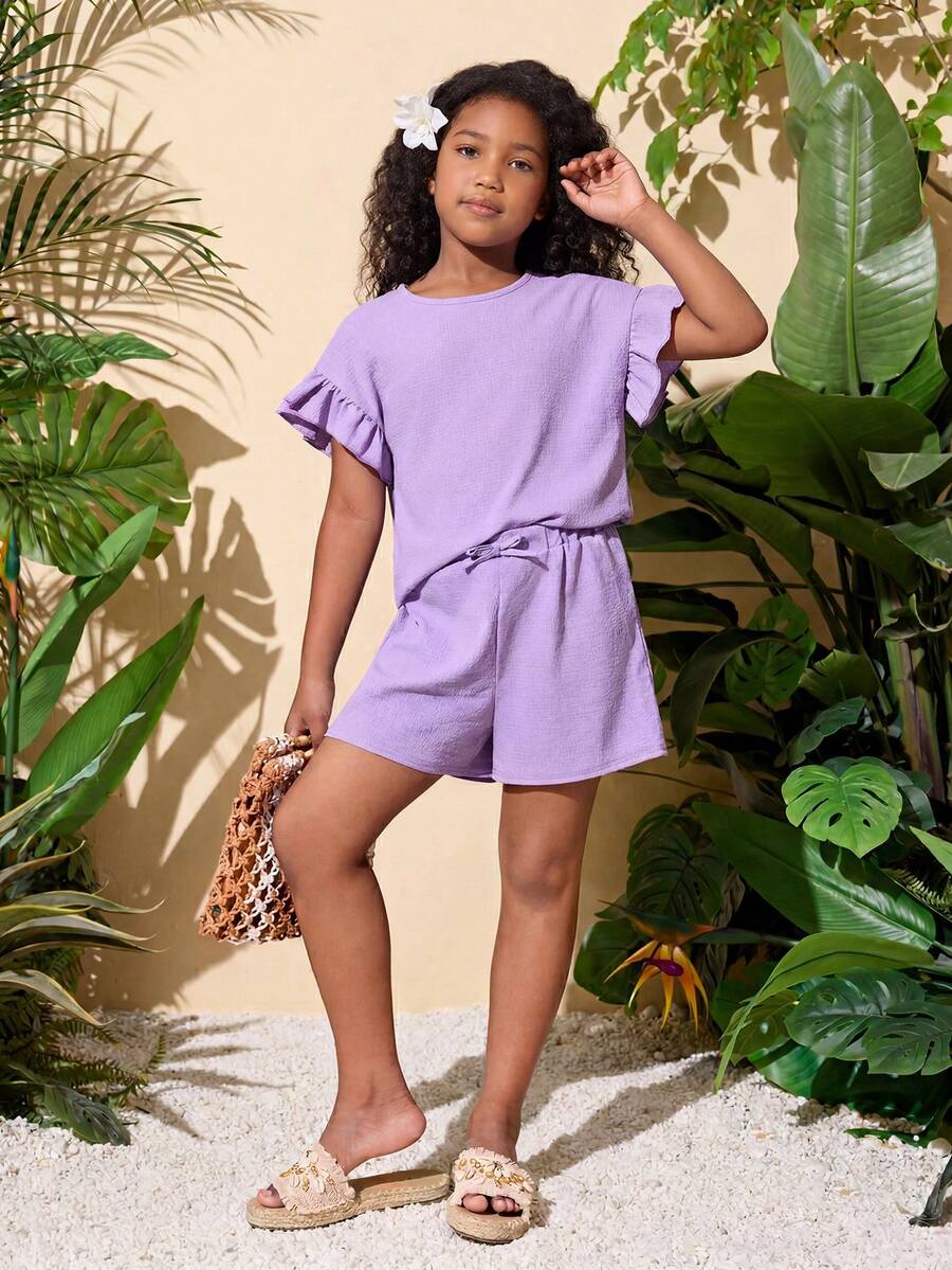 2pcs Set Liburan Kasual untuk Anak Perempuan Remaja: Atasan Lengan Pendek & Celana Pendek Pinggang Elastis - Mauve Purple - View 1
