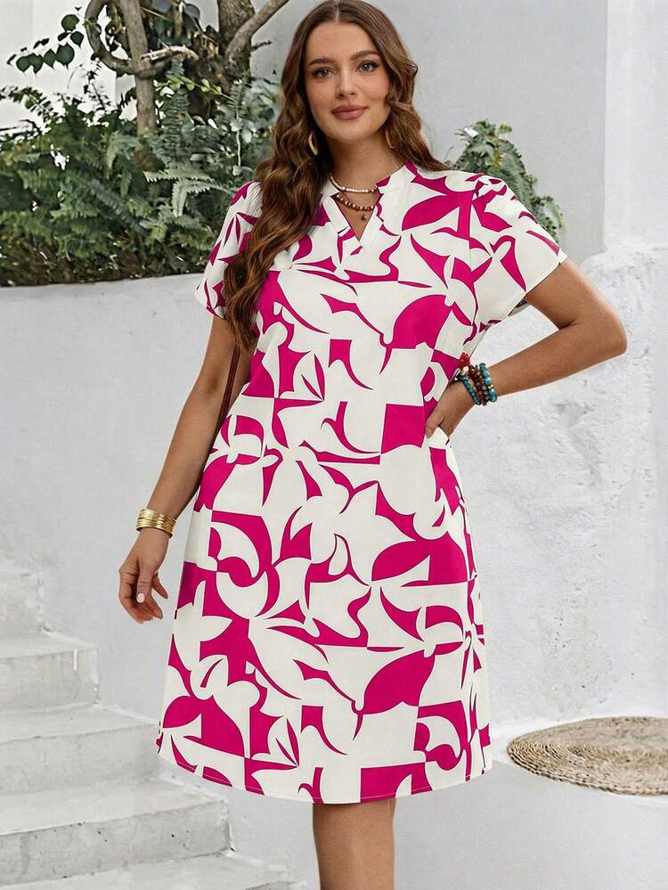 Plus Size Women Summer Casual Geometric Print Short Sleeve Dress