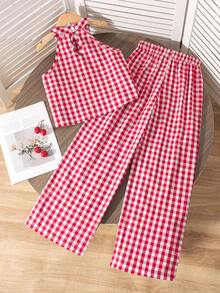 Sparklyn Girls' Beach Vacation Basic Halter Shirt + Loose 3/4 Pants Woven Floral 2 Pieces Set - Red - View 2