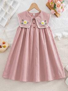 SHEIN Tween Girls/Tween Girl Girls Pastoral Floral Embroidered Pattern Ruffle Collar Puff Sleeve Dress,Versatile Round Neck Trim Contrast Color - Pink - View 4