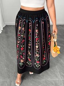 SHEIN Clasi Plus Size Vintage 70's Floral Pattern Elegant Skirt, Summer Party Black - Multicolor - View 5
