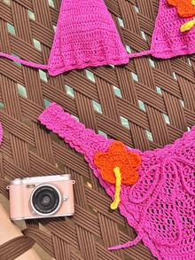 Swim Mod Áo khoác ngoài dệt kim móc thủ công họa tiết hoa 3D gợi cảm, dễ thương dành cho nữ, thích hợp cho kỳ nghỉ biển mùa xuân/hè. - Màu Hồng Tươi - Xem 4