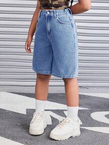 SHEIN Quần short denim Bermuda dáng rộng, phong cách retro, có túi xéo, đang thịnh hành cho bé gái tuổi teen, trang phục đường phố mùa thu. - Rửa trung bình - Xem 4
