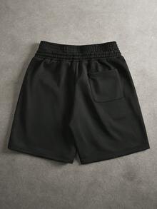 Manfinity Roghcode 男士黑白舒適運動衫布料抽繩彈性腰短褲兩件組，夏季街頭風健身休閒刺繡短褲 - 黑色 - 查看 2