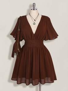 SHEIN ICON Đầm chữ A cỡ lớn cổ chữ V xếp nếp, thích hợp cho kỳ nghỉ biển, phong cách Boho, Hippie, Y2K, mùa hè, ngày Valentine, đầm hẹn hò thanh lịch. - Màu nâu  Mocha - Xem 3