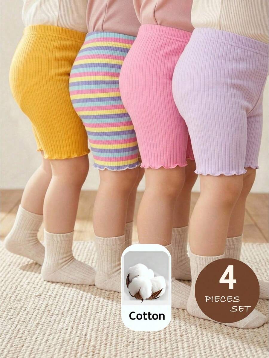 SHEIN 4pcs Baby Girl Knitted Solid Striped Casual Fitted Shorts Set - Multicolor - View 1