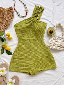 Soleia WYWH olivgrüner dekorativer gerippter Jumpsuit mit Knöpfen, lässiger Sommeroutfit für Urlaub, Party, Date, Nachmittagstee, Musikfestival, Strandkreuzfahrt - Grün - Übersicht 4