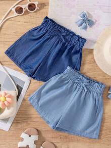SHEIN 2pcs/Set Girls Casual Solid Color Bow Decor Shorts,Summer Young 2-Piece Set Light And Dark Blue Elastic Waist Ruffled Waistband For - Multicolor - View 2
