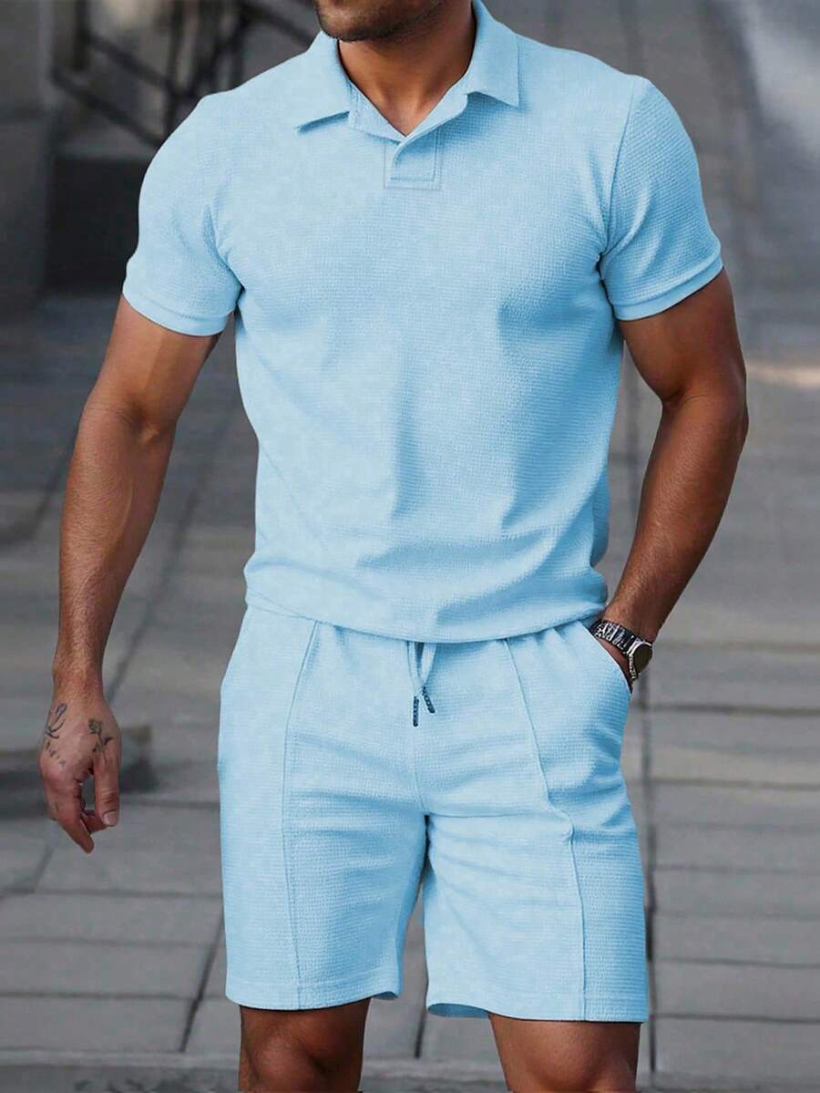 Manfinity Homme Men's Solid Color Polo Shirt And Shorts Set, Casual & Minimalist For Daily Wear Holiday - Baby Blue - View 1