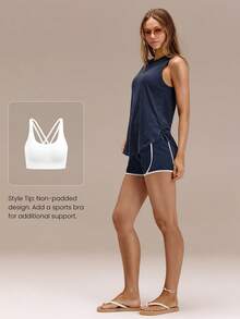 GLOWMODE TENCEL™-Linen Max Motivation 及臀长度常规版型 A 字扭结镂空圆领背心，适合度假、夏季旅行、海滩日常休闲穿着 - Dark Blue - 查看 6