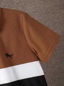 SHEIN Vacaura Tween Boy Contrast Color Half-Zip Short Sleeve Casual Summer Polo Shirt - Coffee Brown - View 3
