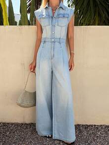 DAZY Women's Collared Sleeveless Waist Cinching Casual Denim Jumpsuit And Overalls - Light Wash - View 5