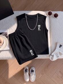 SHEIN Genkimix Kids 男童夏季圆领可爱印花无袖背心和运动短裤套装 - 黑色 - 查看 3