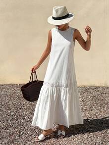 Women's Summer Round Neck Sleeveless Dress, Casual Loose Vacation Style Sundress - White - View 3