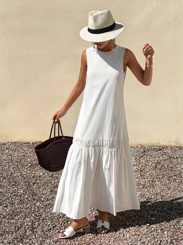 Women's Summer Round Neck Sleeveless Dress, Casual Loose Vacation Style Sundress