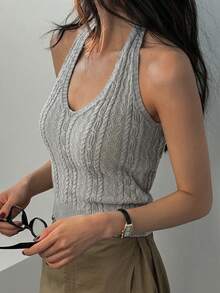 DAZY Women's Solid Color Fitted Halter Casual Sexy Street Sleeveless Sweater Vest Y2k Summer Back-To-School Golf Pastal - Grey - View 3