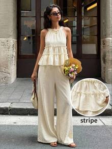 SHEIN Tall CURVE Bộ đồ ngủ 2 mảnh cỡ lớn dành cho nữ - Áo không tay viền bèo nhún và quần ống rộng mùa hè, màu trơn, áo xếp ly hở lưng và quần ống rộng, bộ 2 mảnh thoải mái, thích hợp cho mùa hè, mùa xuân, kỳ nghỉ, tiệc tùng, bãi biển, đám cưới, lễ tốt nghiệp, dã ngoại, khiêu vũ, sinh nhật, trang trọng, du lịch, thường ngày và các dịp trang trọng. - Màu be - Xem 9