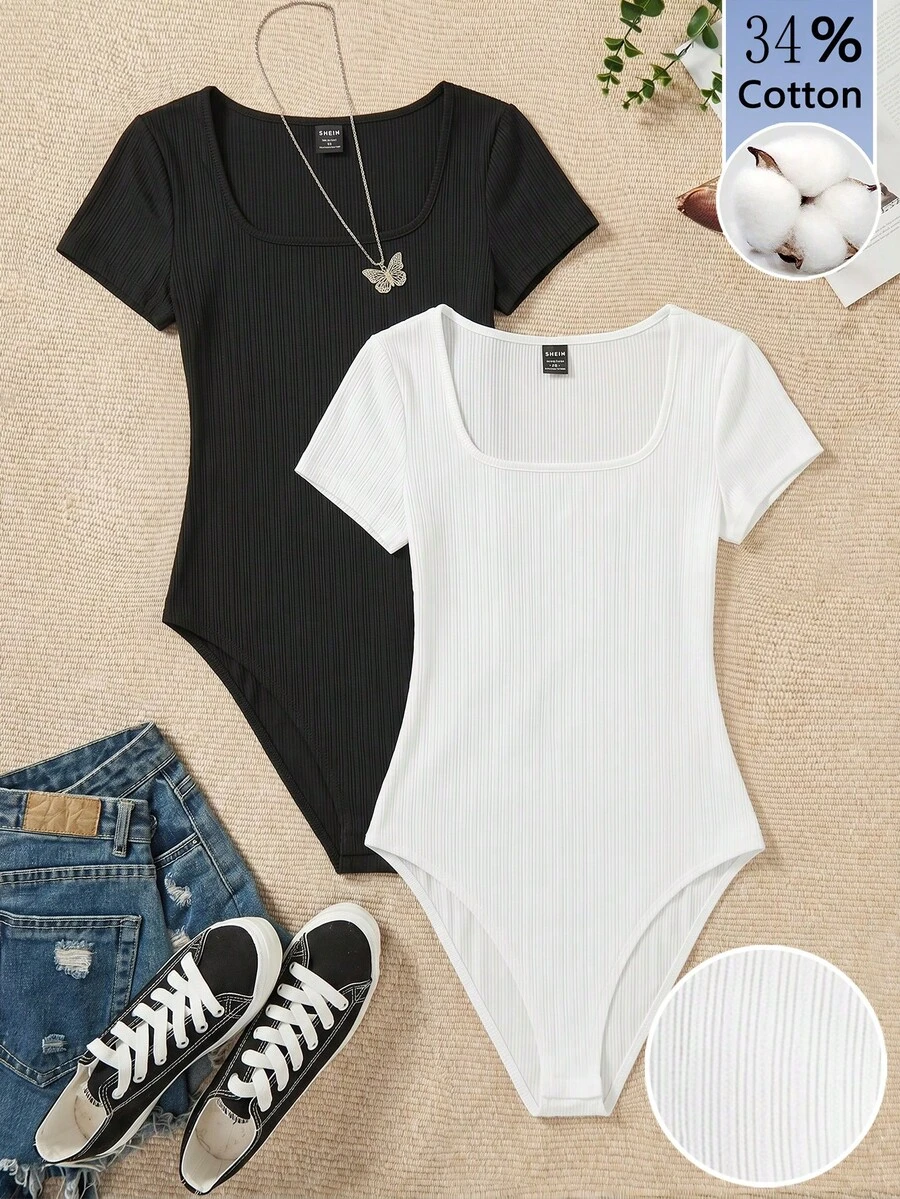SHEIN EZwear Bộ 2 món áo liền thân nữ kiểu dáng tối giản, cổ tròn, tay ngắn. - màu đen - Xem 1