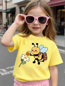 Girls Cute Cartoon Bee & Colorful Floral Print Short T-Shirt,Casual Minimalist Blue Basic Tee,Comfortable Summer School Back-To-School Daily Wear - Yellow - View 3