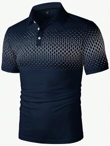 Manfinity Homme 男士休闲几何印花Polo衫，夏季 - 寶藍色 - 查看 5