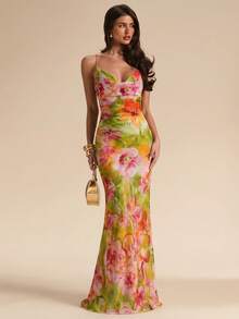 SHEIN BAE Đầm gợi cảm hở lưng, cổ xếp ly, in họa tiết hoa màu xanh lá cây, thích hợp cho kỳ nghỉ biển. - màu xanh lá - Xem 2