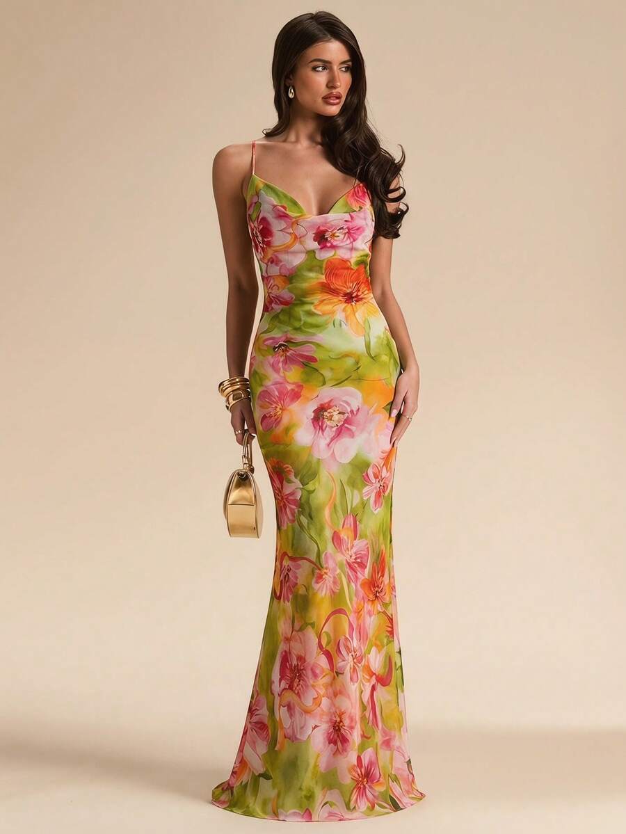 SHEIN BAE Đầm gợi cảm hở lưng, cổ xếp ly, in họa tiết hoa màu xanh lá cây, thích hợp cho kỳ nghỉ biển. - màu xanh lá - Xem 1