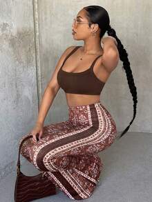 SHEIN SXY Hellängd stickade tryckta Stretchy Flare Byxor - Brun - Visa 3