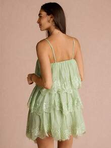 Enchnt Women's Fashion Versatile Vacation Lace Patchwork Layered Hem Dress - Green - View 7