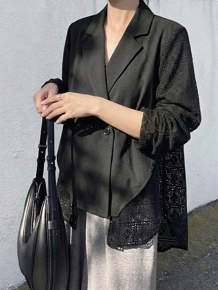 FRIFUL 女士优雅蕾丝拼接灯笼袖双排扣宽松西装外套，春秋季 - 黑色 - 查看 1