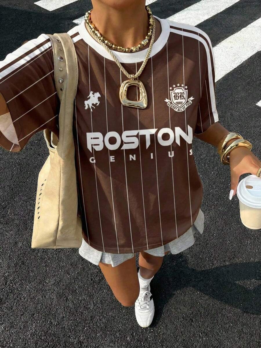 Muchica 女款休閒極簡圓領短袖寬鬆T恤,馬匹印花條紋夏季上衣,復古學院風棕色夏季街頭風城市度假 - 彩色 - 查看 1