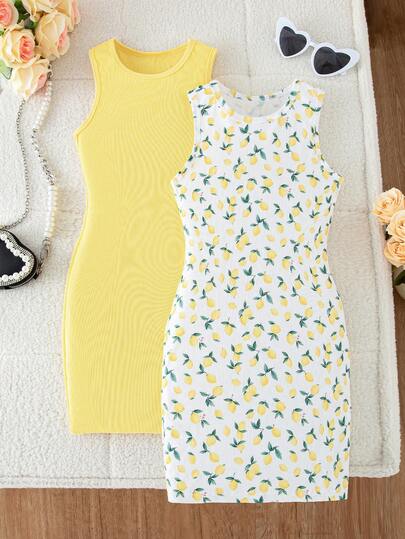 Elladie kids Bộ 2 món đồ mùa hè cho bé gái tuổi teen, váy ôm sát không tay màu trơn in hình chanh và họa tiết gân, kiểu dáng thường ngày năng động, phong cách đường phố, đơn giản, đa năng, thích hợp cho kỳ nghỉ, đi biển, bộ váy màu vàng.