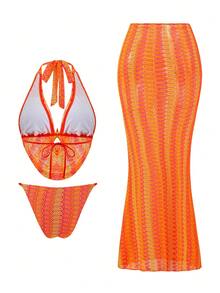 Bonvoyette Ținută de plajă pentru femei, material tricotat texturat, design cu decolteu drapat în V adânc, decor metalic, fustă maxi bodycon, elegantă, casual, sexy, de resort, set de costume de baie din 3 piese pentru femei - Portocale - Vizualizare 5