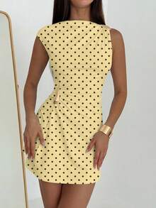 Aloruh Women's Black Polka Dot Ruched Sleeve Mini Dress,Summer Vintage Beach Vacation Holiday,Yellow Elegent Tropical Wedding Guest Gowns,Metal Decor - Yellow - View 6