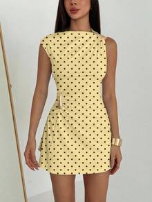 Aloruh Women's Black Polka Dot Ruched Sleeve Mini Dress,Summer Vintage Beach Vacation Holiday,Yellow Elegent Tropical Wedding Guest Gowns,Metal Decor - Yellow - View 7