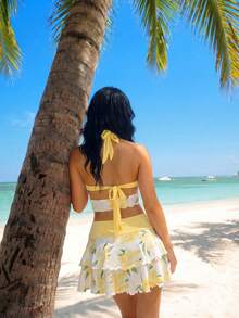 Sweetina Bộ đồ 2 món dễ thương in họa tiết hoa dâm bụt dành cho nữ, gồm áo tank top hở lưng cổ yếm khoét lỗ và chân váy mini xếp ly thắt eo, thích hợp cho mùa hè. - Màu vàng - Xem 2