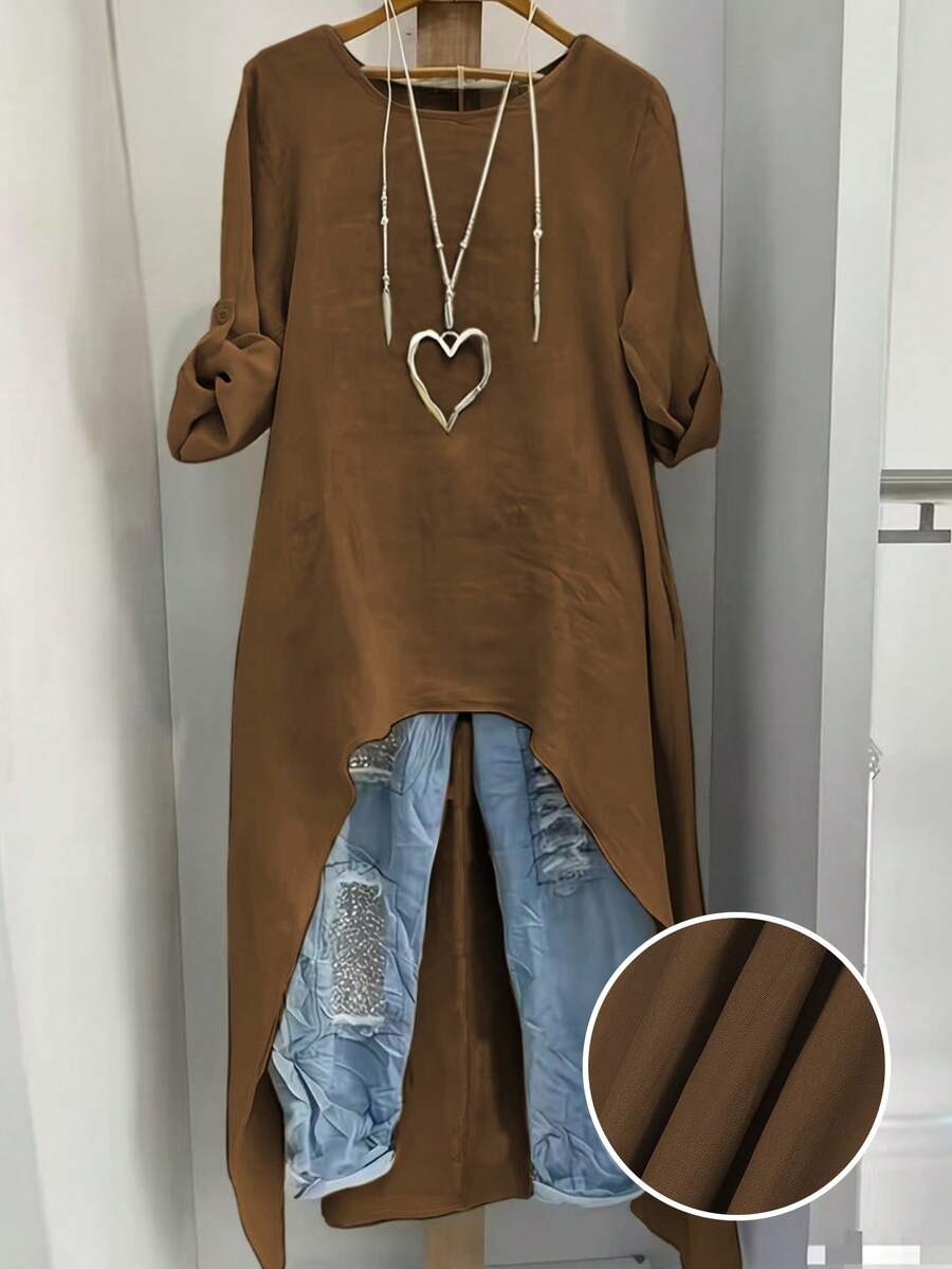 EMERY ROSE Áo sơ mi nữ cỡ lớn thời trang xuân/hè, phong cách tối giản thường ngày, màu trơn, cổ tròn, tay dài, có thể điều chỉnh, áo dài tay, cỡ lớn dành cho nữ, đồ đi biển. - màu nâu - Xem 1