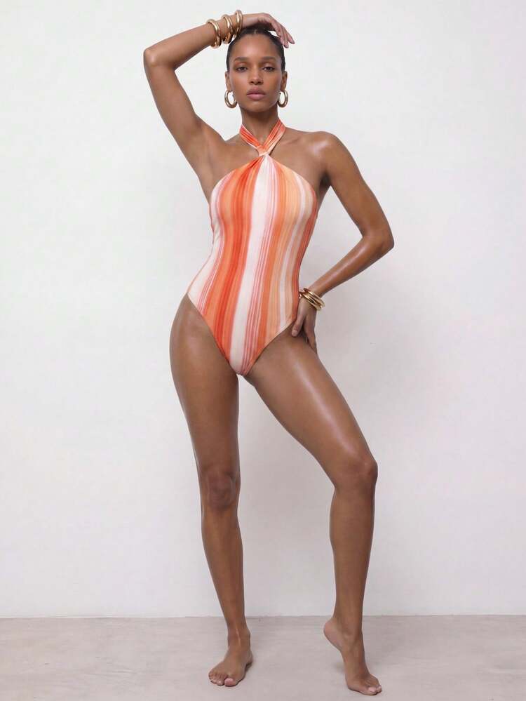 SHEIN Maija Women's Striped Halter One-Piece Swimsuit, Fashionable For Vacation