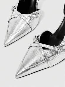 ROMWE Grunge Punk 尖头银十字扣时尚性感英伦风穆勒高跟鞋后跟空心鞋 - 銀色 - 查看 2