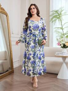 Modelyn Robe de vacances à encolure carrée, manches évasées et froncée à fleurs pour femmes, grande taille - Multicolore - Voir 6