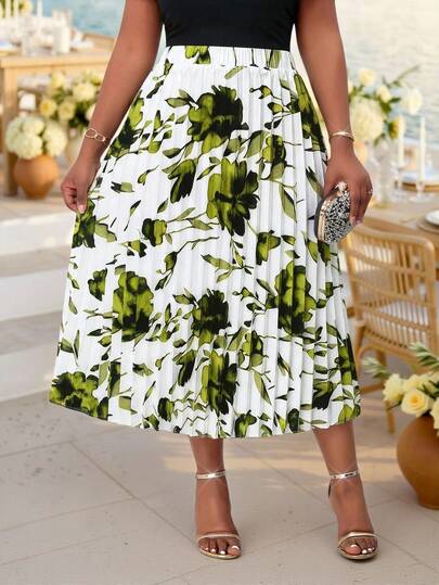 Fleurora Spring And Summer Casual Elegant Boho Casual Outing Beach Elegant Office Work Colorful Green Woven Pleated Midi Plus Size Skirts  Plus Size Women Floral Print Pleated Casual Versatile Date Outing A-Line Skirt Summer Clothes Summer Outfits For Women Beach Outfits For Women Vacation Outfits Women Holiday Outfits For Women Country Concert Outfit  Country Style For Women Pleated Floral Skirt Green Floral Skirt Midi Summer Skirt Floral Skirts For Women Pleated Skirt Floral Print Skirt Green Print Skirt Spring Skirts For Women