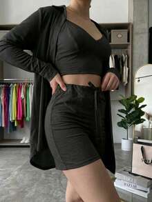 Conjunto de 3 Piezas Top-Short-Cardigan Outfit Completo Casual Cómodo - Negro - Ver 2