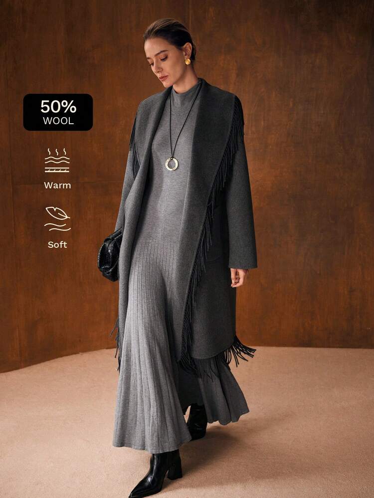 WOOL ELEGANT LONG FRINGED WOOL COLLAR COAT, AUTUMN/WINTER